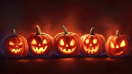 Halloween pumpkins with smiles on a dark background