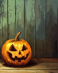 Obraz premium Halloween pumpkin on wooden surface with blank area for text