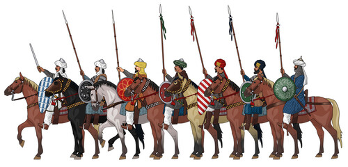 Group of Arabian Cavalrymen or Horsemen From 11th or 12th Century During Crusades, Isolated on Transparent Background