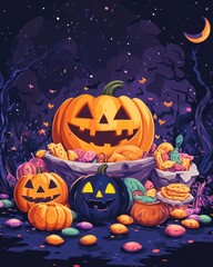 Halloween greeting poster featuring delicious snacks
