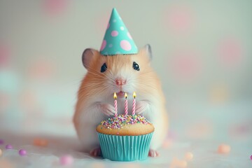 Hamster is wearing a party hat and holding a cupcake with three candles on it. Hamster is looking up at the camera, as if it is about to blow out the candles. a cute hamster celebrating her birthday
