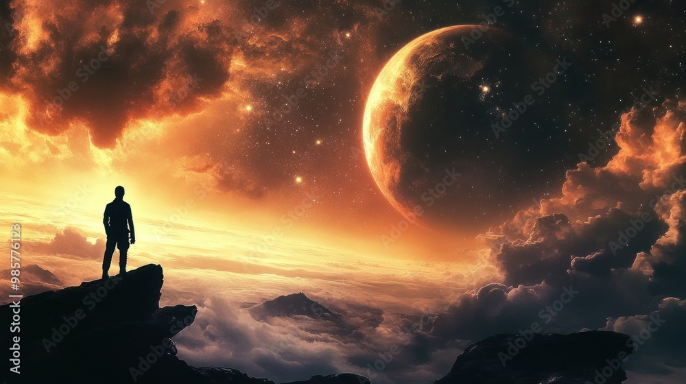 Canvas Prints A lone figure silhouetted against a swirling sky and a glowing planet.