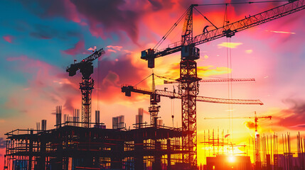 A Construction Site at Sunset with Cranes
