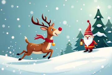 Cartoon reindeer and Santa Claus, joyful mood, playing in the snow, with Christmas trees 
