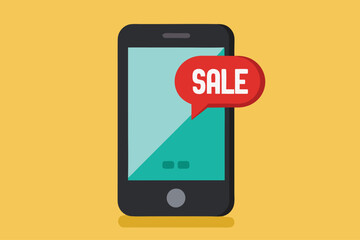Ilustraci&oacute;n de un tel&eacute;fono inteligente con un mensaje de venta resaltado, indicando una promoci&oacute;n.