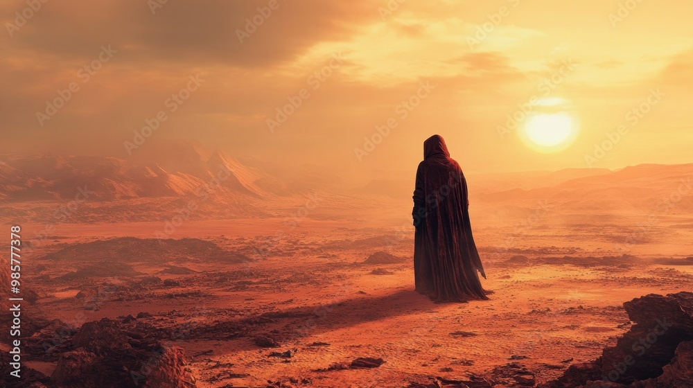 Sticker A lone figure in a red robe stands on a desolate alien landscape