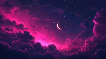 Magenta Night Sky with Moon and Clouds