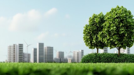 A photostock image of a green park near city, eco-friendly urban area with clean energy sources and pollution-free air