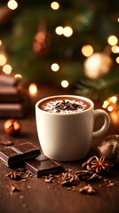 A mug of hot chocolate with a chocolate bar and some spices on a wooden table. Scene is cozy and warm, perfect for a cold winter day