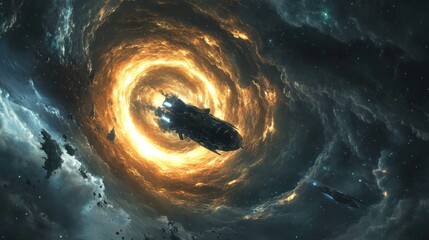 Fototapeta premium A Spaceship Navigating Through a Glowing Cosmic Vortex