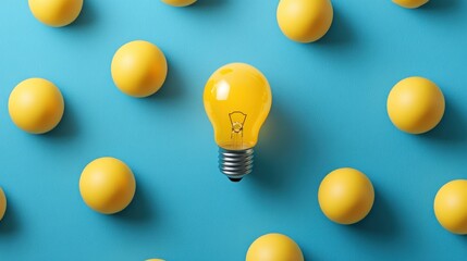 A Yellow Lightbulb Among Yellow Spheres on a Blue Background