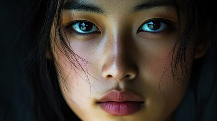 Close-up portrait of a woman's face with dark hair and intense eyes
