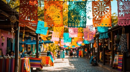 Fototapeta premium Vibrant Traditional Mexican Outdoor Market with Colorful Papel Picado Banners Hanging Over Vendor Stalls