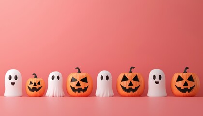 Obraz premium Cute jack-o'-lanterns and friendly ghosts, pastel background, space for text, 3D illustration, closes up