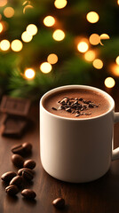A white coffee mug with chocolate powder on top of it. The mug is placed on a wooden table with coffee beans scattered around it. The scene conveys a cozy and warm atmosphere