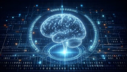 Obraz premium Glowing brain hologram with binary coding on blue background. Programming, machine learning and artificial intelligence concept. 3D Rendering.