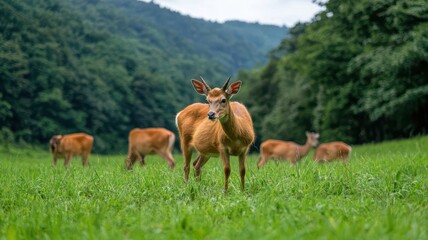 A photostock image of  A herd of wild deer wild animals thriving in a protected forest, underlining the importance of nature conservation efforts