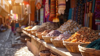 Fototapeta premium Bustling Marketplace Stall Displaying Vibrant Baskets of Copal Resin with Colorful Textiles for Sale
