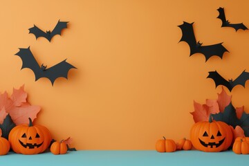 Adorable bats flying over a smiling pumpkin patch, space for message, 3D illustration
