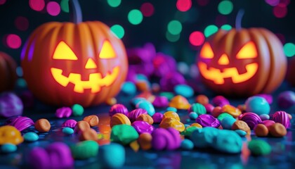 Halloween candy spread on a table, colorful treats and glowing pumpkins, 3D illustration