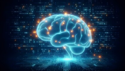Glowing brain hologram with binary coding on blue background. Programming, machine learning and artificial intelligence concept. 3D Rendering.