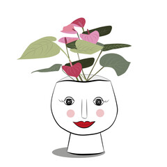 Florero con cara de mujer y planta con flor.