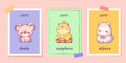 Cute koala, capybara, alpaca. Festive  greeting cards with  kawaii cartoon sweet characterы. Vector illustration. Generative Ai content	