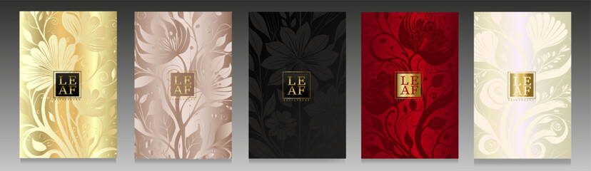 Collection of modern, elegantly designed luxury covers featuring refined silhouettes of flowers and plants. Sophisticated backgrounds shiny metallic effect, giving a contemporary and artistic touch