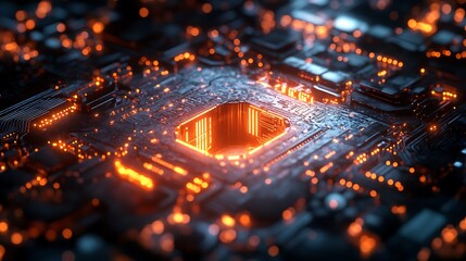 Close up of glowing processor chip on a circuit board.