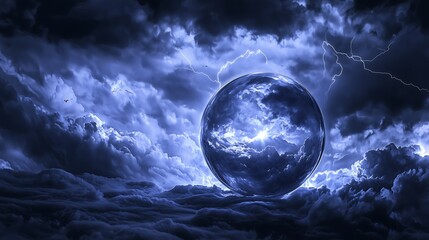 Mystical Blue Orb Amidst a Thunderous Sky 雷鳴轟く空に浮かぶ神秘的な青いオーブ .Generative AI