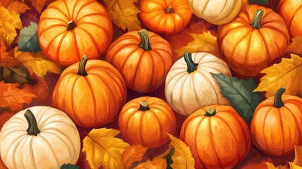 Autumn Harvest Background with Pumpkins and Squash