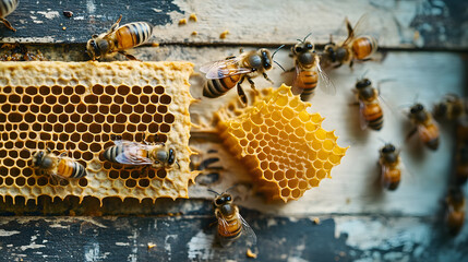 Hard-working bees bring honey filling honeycombs 