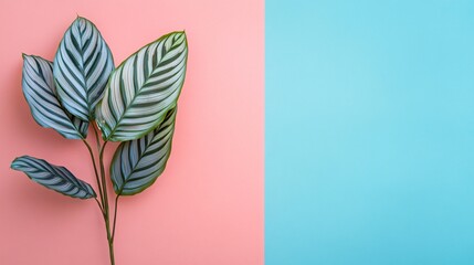 Green leaves with white stripes against a pink and blue background.