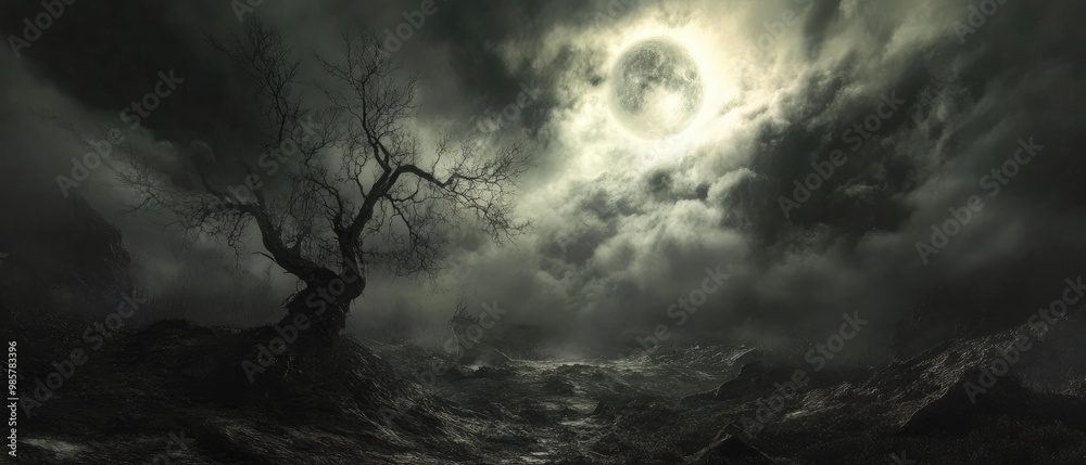 Wall mural Mysterious celestial horror landscape with dramatic sky and eerie shadows