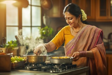 Indian woman cooking in a kitchen with steam rising from a pot, morning light