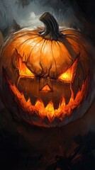 Obraz premium Close up portrait of a spooky Halloween jack o lantern with an angry expression and a smiling orange pumpkin mask in a vertical style