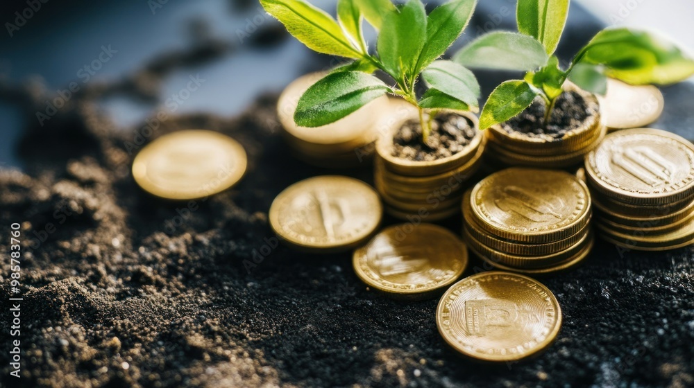 Poster Gold Coins and Growing Plants in Soil