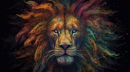 Fototapeta premium Neon abstract graphic contours of a lion in a jump, a wild animal. Dark background isolate. AI generated.