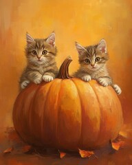 Cats on a Pumpkin in Orange Still Life