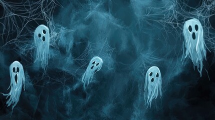 Spooky Background with Ghosts and Webs on Dark Surface