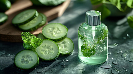 A revitalizing face mist bottle placed next to cooling cucumber slices, with soft mist in the air and gentle light capturing its refreshing and hydrating effect
