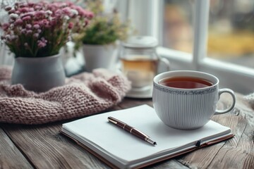 boost personal growth with a mindful setup desk with a journal, pen, and tea fly a concept banner alongside