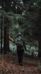 Naklejka premium Solo Hiker Walking Through a Dense Forest