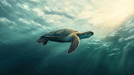 Obraz premium A Sea Turtle Swimming Through Sunlit Water