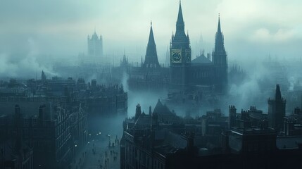 A Foggy Cityscape with a Clock Tower and Silhouettes of Buildings