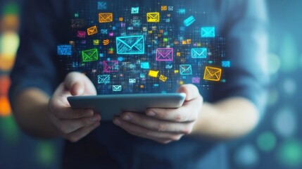 Person Holding a Tablet with Email Icons Surrounding It