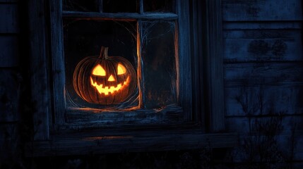 Halloween pumpkin glowing in window at night with haunting silhouette