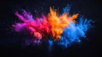 Dynamic colored powder bursts against a dark backdrop