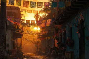 Traditional Mexican Street with Papel Picado Banners at Sunset - Festive and Tranquil Atmosphere