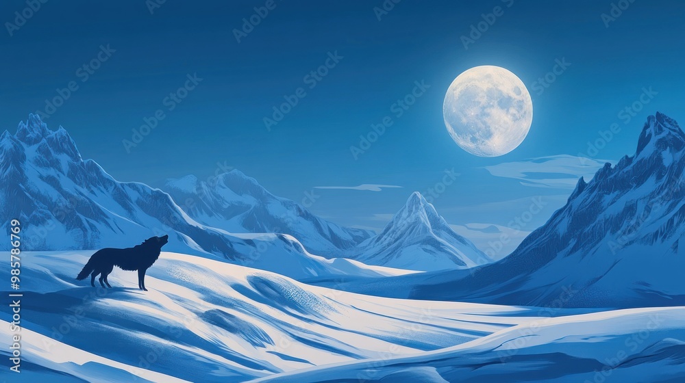 Sticker A lone wolf howls at the moon in a snowy mountain landscape